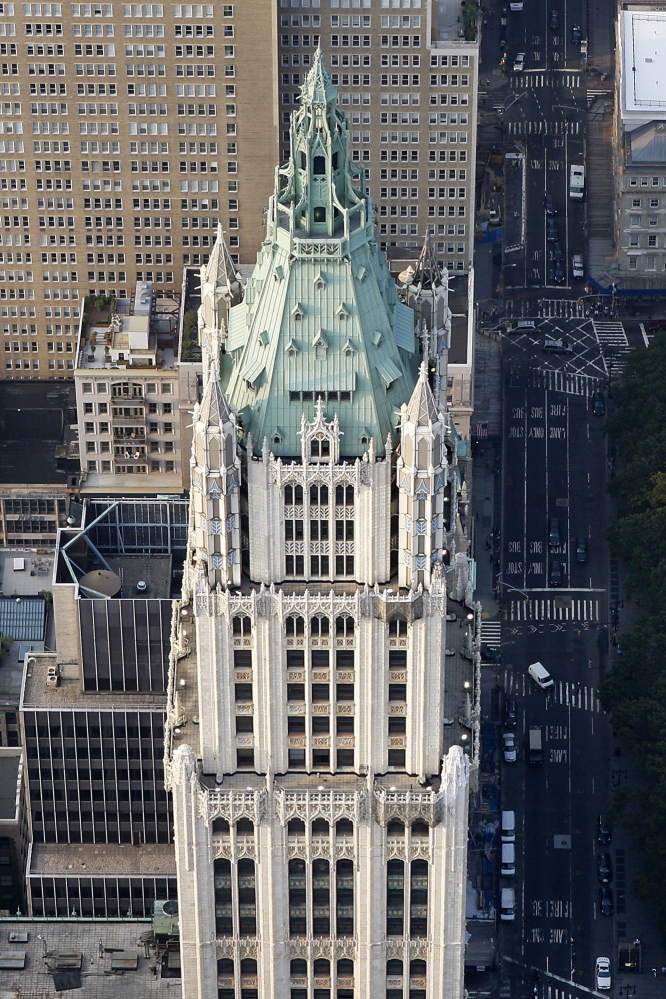 In addition to a penthouse apartment in the pinnacle of the Woolworth Building, developers are planning 33 other luxury apartments in the upper floorss with prices rivaling those at Midtown skyscrapers fringing Central Park. The landmark building is shown in a 2010 aerial photo. Bloomberg News photo by Keyur Khamar