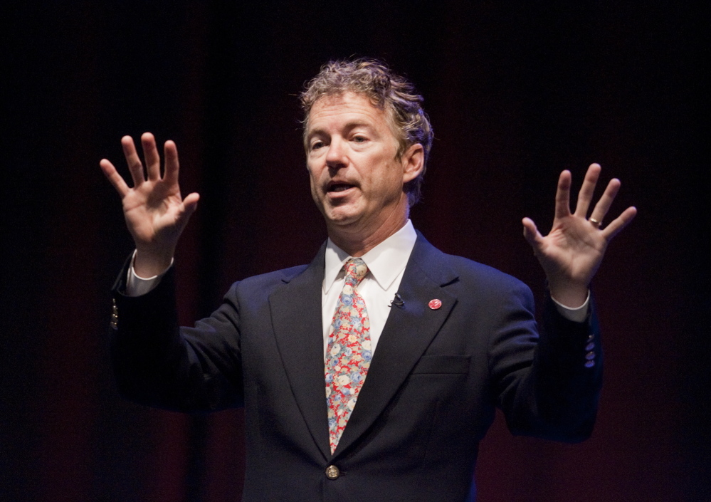 Carl Walsh/Staff Photographer Senator Rand Paul speaks during the Maine Republican Party Convention at the Cross Insurance Center in Bangor on Saturday, April 26, 2014.