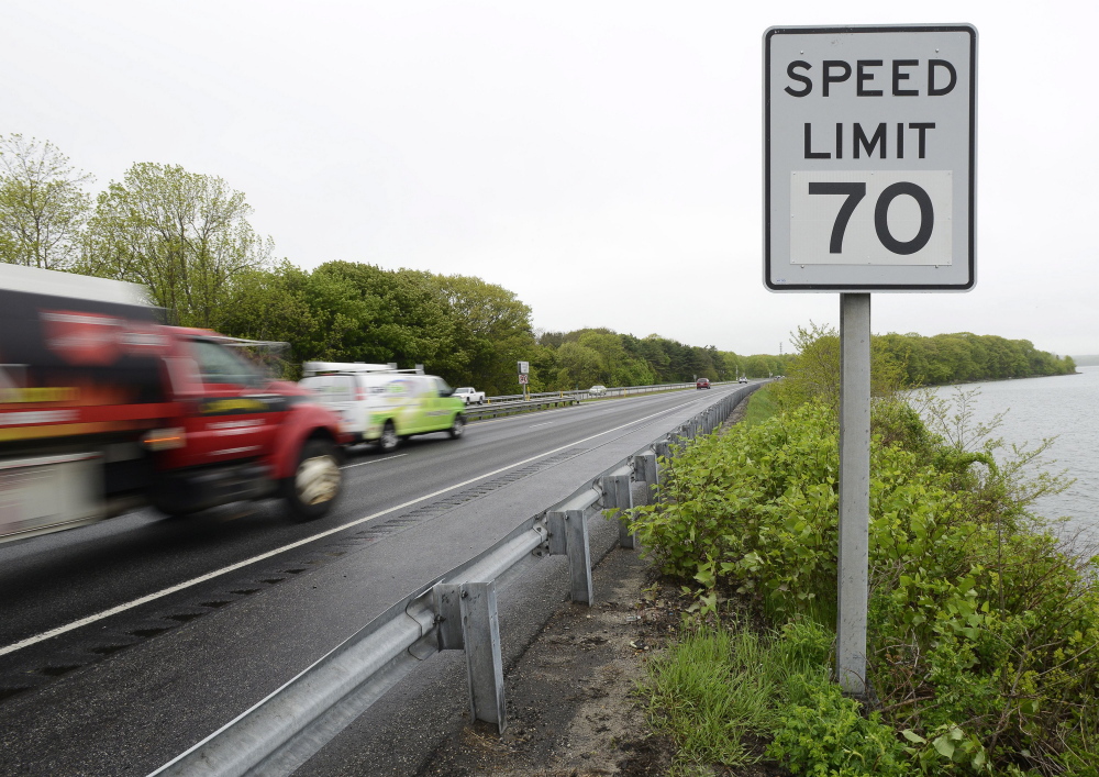 PORTLAND, ME - MAY 27: New 70 MPH sign along I-295 after Tukey's Bridge in Portland in the northbound lane. (Photo by John Patriquin/Staff Photographer)