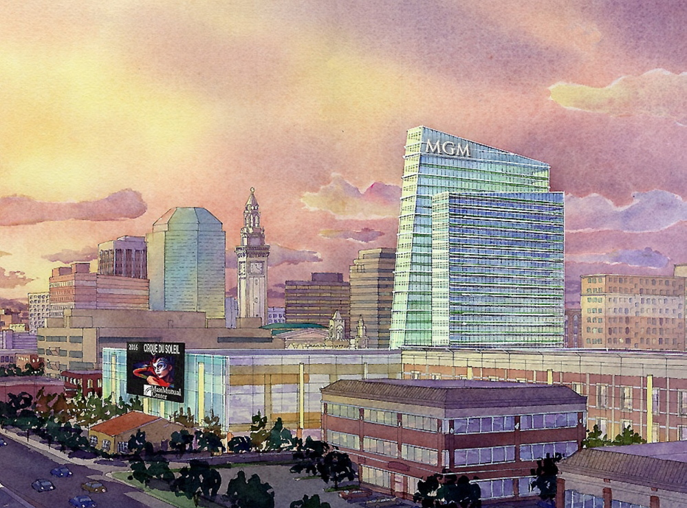 This artist rendering provided by MGM Resorts International shows part of a proposed casino complex in Springfield, Mass. The Associated Press/MGM Resorts International