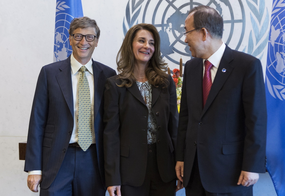 Bill and Melinda Gates are greeted by United Nations Secretary-General Ban Ki-moon at U.N. Headquarters in 2013. The Bill and Melinda Gates Foundation’s bankrolling of Common Core helped to build political support among state governments across the country. Reuters
