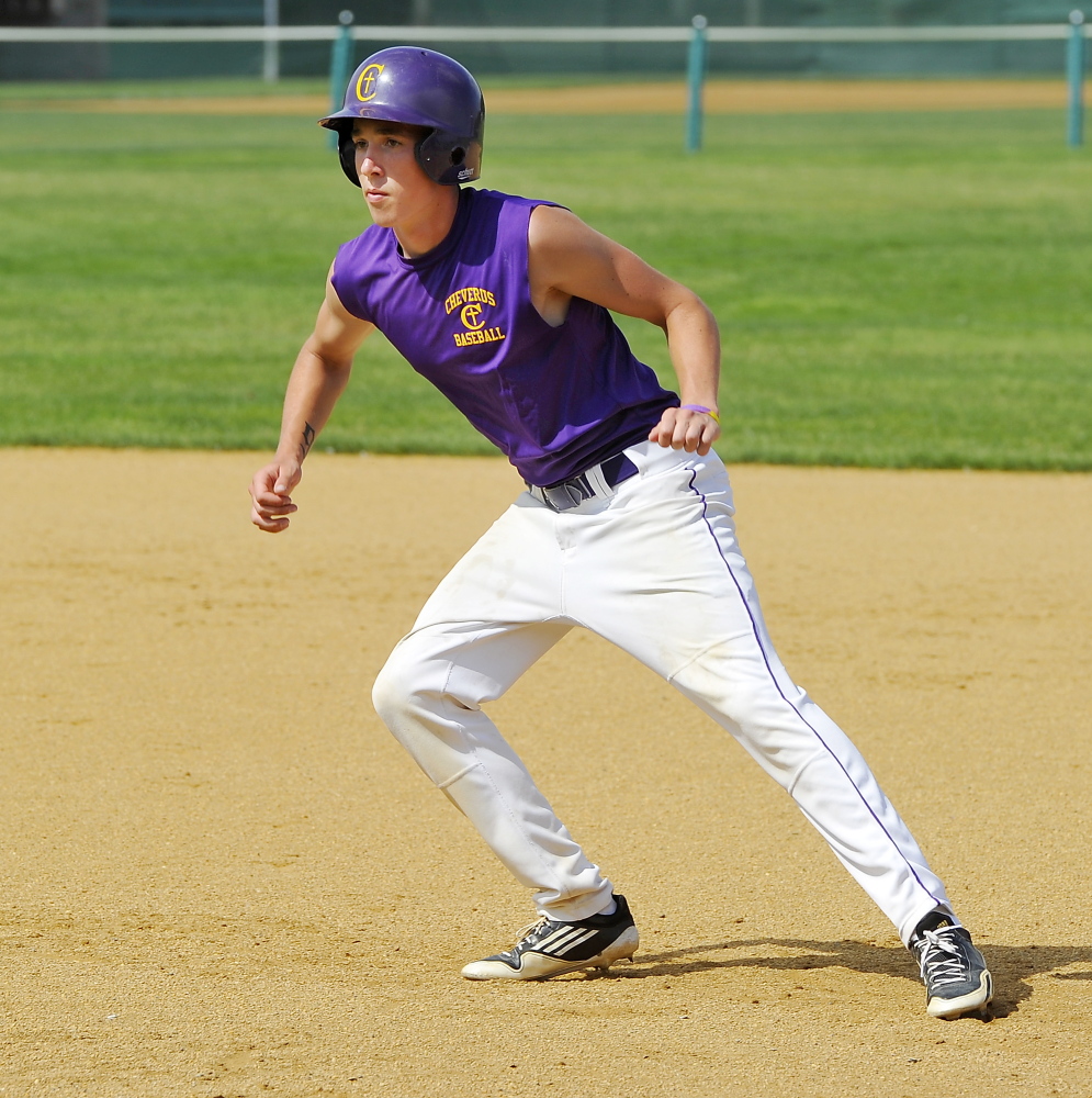 Charlie Mull of Cheverus practices base running drills with his team Monday. Gordon Chibroski/Staff Photographer