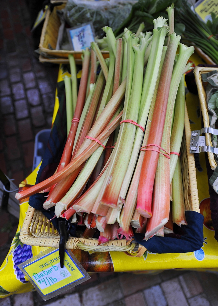 Rhubarb from Garanson Farm at the Portland Farmers Market. Cooks tired of pedestrian strawberry-rhubarb pie can take a page from local chefs, who are using rhubarb in everything from shortcakes to salsas and more. Staff photo by Gordon Chibroski