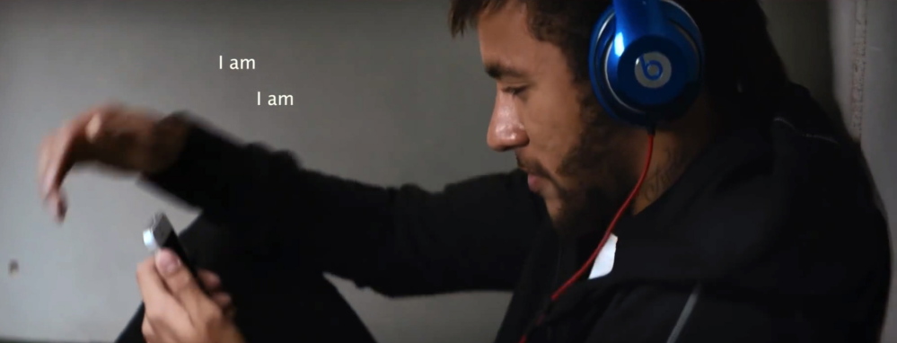An ad for Beats Electronics shows Brazilian soccer star Neymar Jr. wearing a pair of Beats headphones and listening to music. The new 5-minute advertising video shows soccer stars like Neymar Jr. and others preparing for game time by using Beats headphones to manage distraction. The Associated Press 