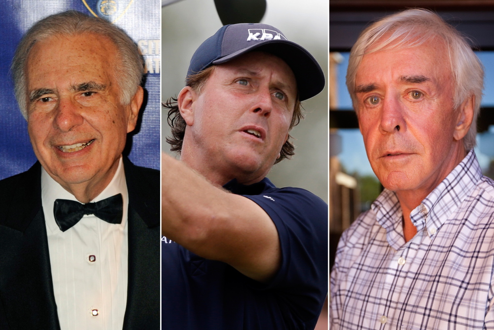 Financier Carl Icahn, left, pro golfer Phil Mickelson, center, and developer and high-profile sports bettor Billy Walters are part of an insider-trading investigation.
The Associated Press 