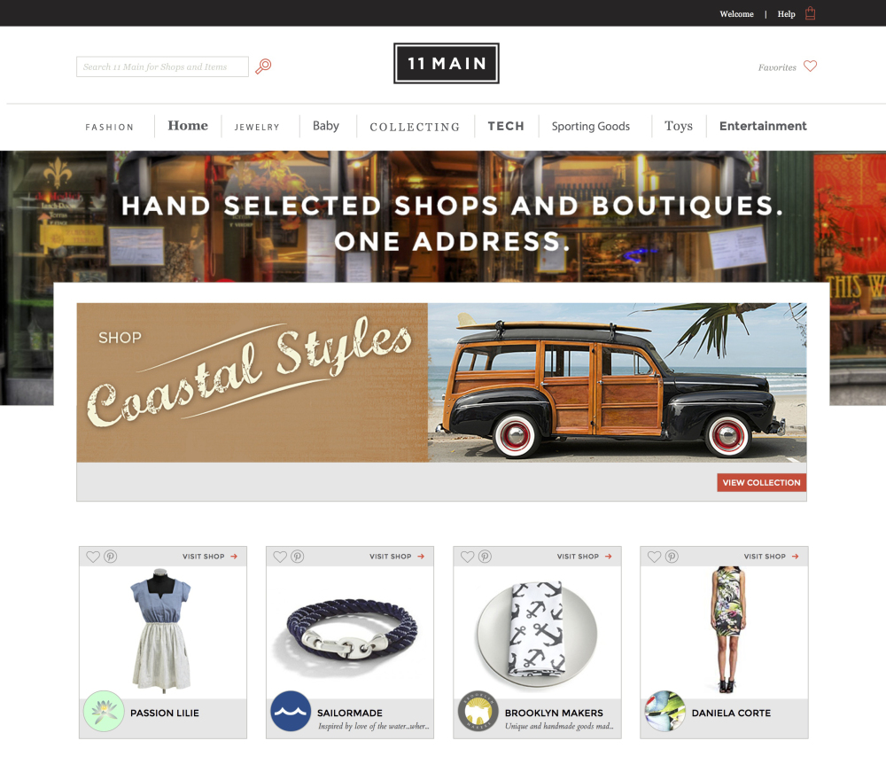 This screen shot shows 11 Main’s homepage. The new e-commerce site is hoping to bring Main Street to the Web with an invite-only online marketplace that focuses on small-business retailers.