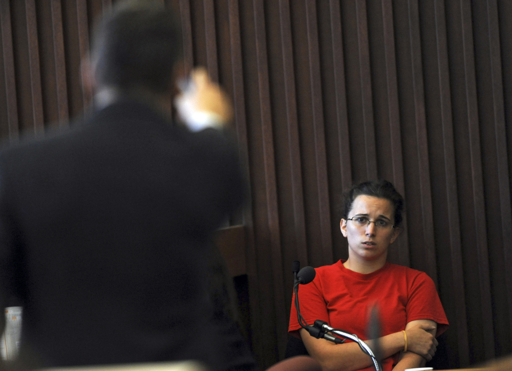 Defense attorney Joachim Barth questions Kathryn McDonough, 20, the former girlfriend of defendant Seth Mazzaglia during Mazzaglia’s trial Wednesday at Stafford Superior Court in Dover, N.H.