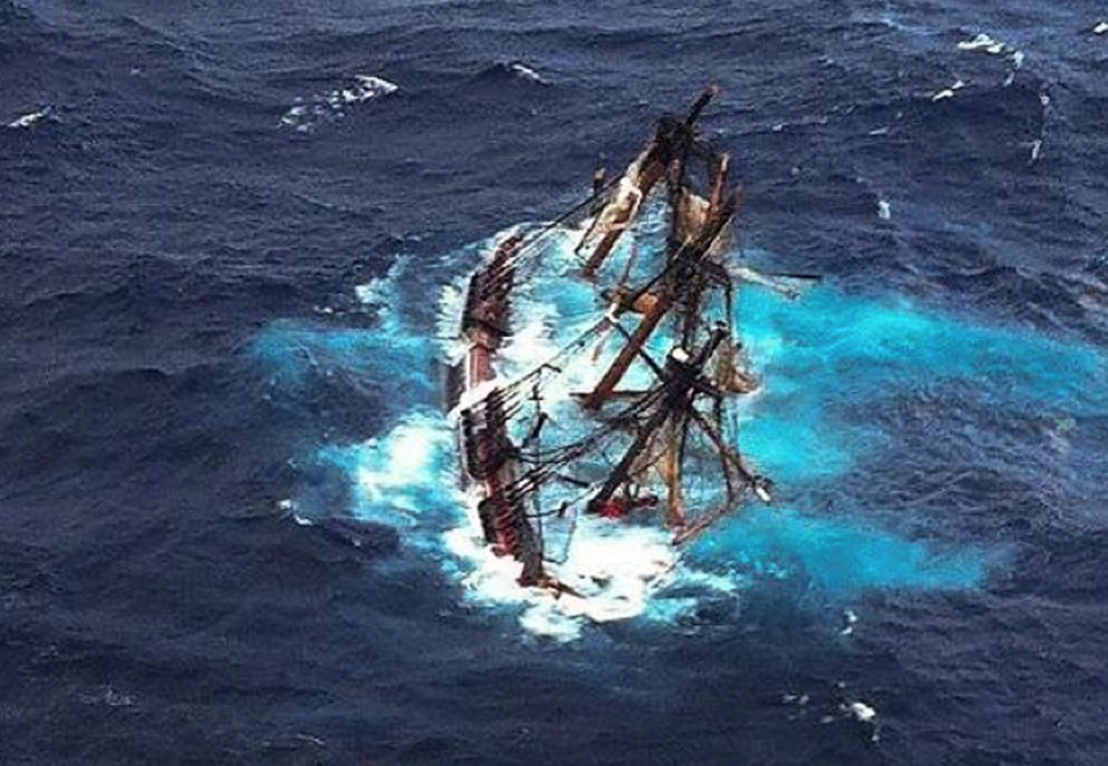 The HMS Bounty is shown submerged in the Atlantic Ocean during Hurricane Sandy some 90 miles southeast of Cape Hatteras, N.C., in this Coast Guard photo taken on Oct. 29, 2012.