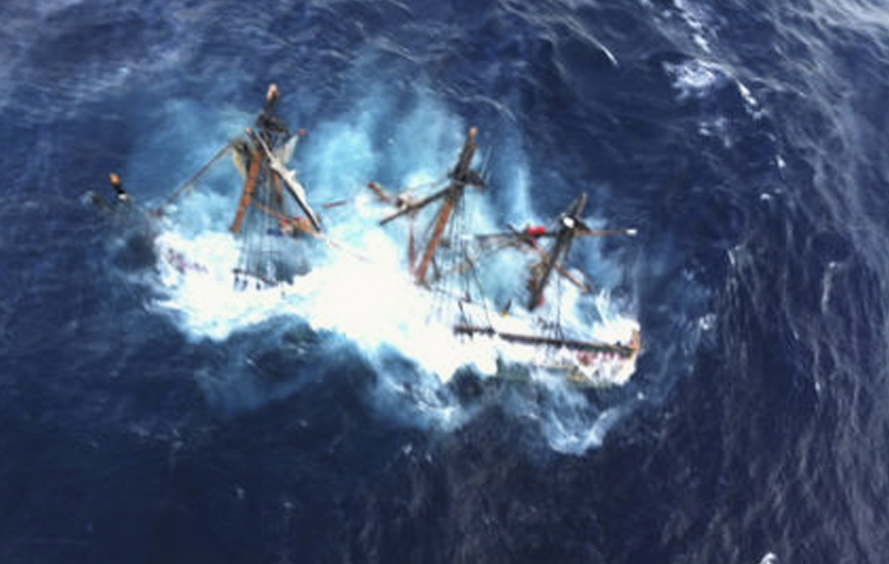 The HMS Bounty is shown submerged in the Atlantic Ocean during Hurricane Sandy some 90 miles southeast of Cape Hatteras, N.C., in this Coast Guard photo taken on Oct. 29, 2012.