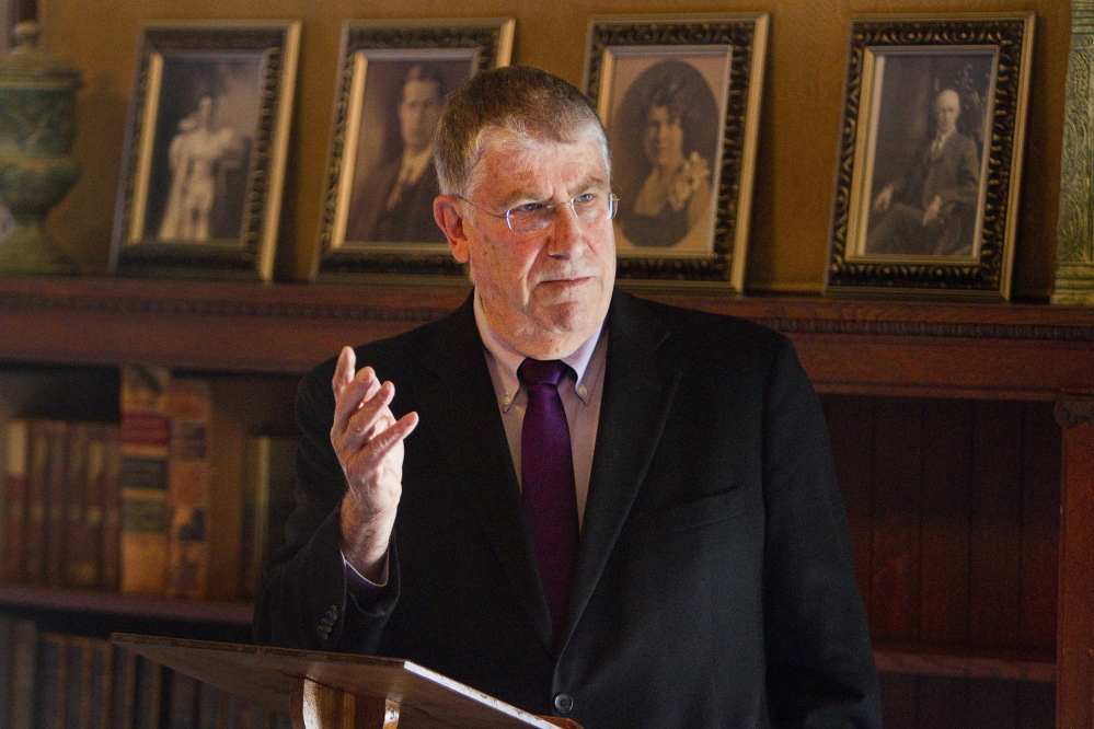 Maine gubernatorial candidate Eliot Cutler speaks to members of the Women's Legislative Council of Maine at the Governor Hill Mansion in Augusta on Thursday April 17, 2014.