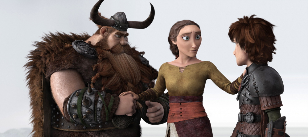 This image released by DreamWorks Animation shows characters, from left, Stoick, voiced by Gerard Butler, Valka, voiced by Cate Blanchett and Hiccup, voiced by Jay Baruchel, in a scene from "How To Train Your Dragon 2." 
