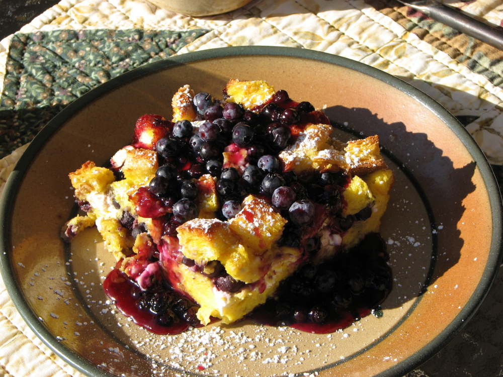 Blueberry stuffed French toast is one of the vegetarian breakfasts served at Three Pines Bed and Breakfast near Acadia National park.