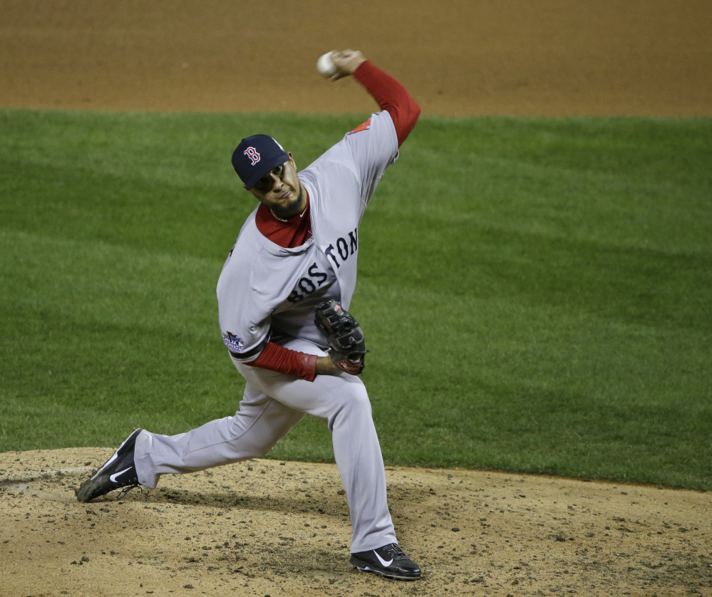 Red Sox relief pitcher Felix Doubront throws during Game 3 of the World Series against the Cardinals on Oct. 26, 2013, in St. Louis. The Associated Press 