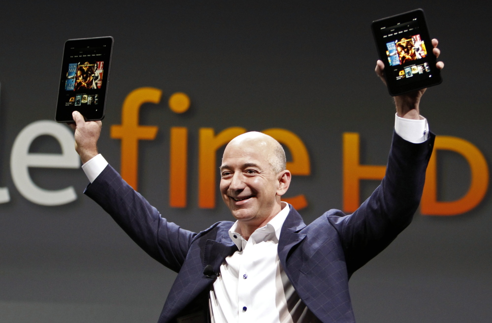 Jeff Bezos, CEO and founder of Amazon, introduces the Amazon Kindle Fire at Santa Monica, Calif. on Sept. 6, 2012. Amazon is hosting a launch event on Wednesday in Seattle.
