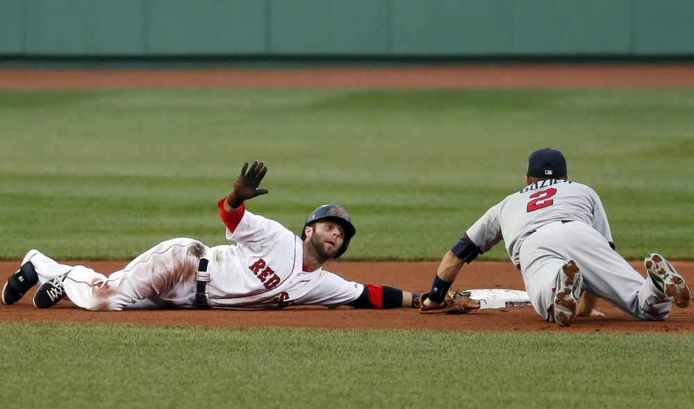 Boston Red Sox’s Dustin Pedroia calls for time out after sliding in safely with a double as Minnesota Twins second baseman Brian Dozier fields the throw in during the first inning.