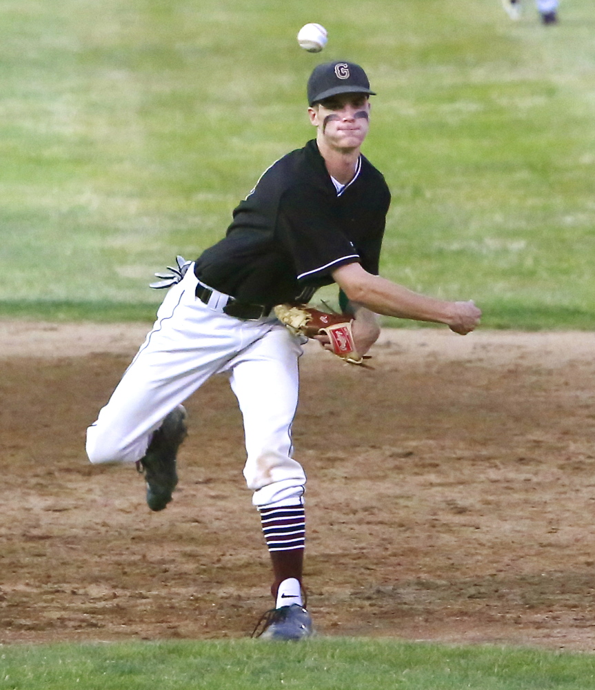 Greely shortstop Patrick O’Shea guns the ball to first base after fielding a grounder during the Western Class B final at St. Joseph’s College in Standish. The Rangers will take a 16-3 record into the state final against Caribou, which is 14-6.