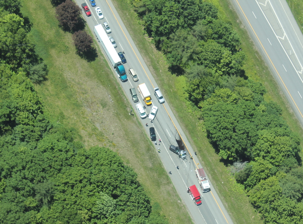 This photo taken from a Maine State Police plane shows the crash scene on Interstate 95 northbound on Thursday.