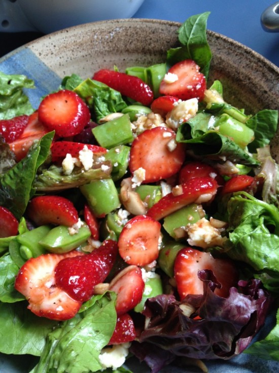 Strawberry salad with snap peas, fennel, chevre, and balsamic vinaigrette