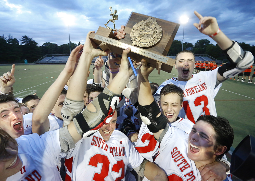 South Portland can add a boys’ lacrosse state championship trophy to its trophy case after the Red Riots beat Brunswick 10-8 in the Class A final Saturday at Fitzpatrick Stadium.