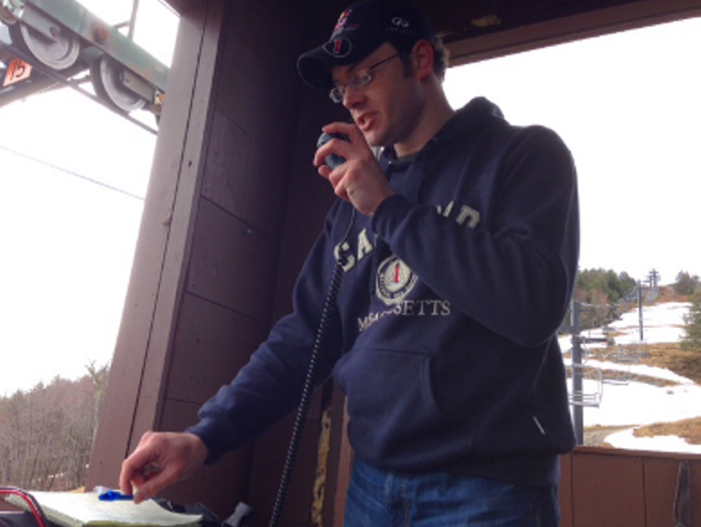 Ham radio operator Thom Watson attempts to make radio contact during a summit transmission event on Pleasant Mountain. Photo courtesy Tim Watson