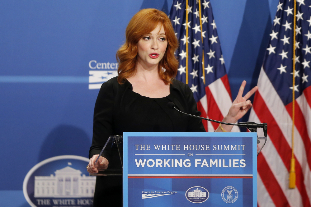 Actress Christina Hendricks, known for her role in the television series “Mad Men,” speaks at The White House Summit on Working Families, Monday in Washington. The gathering, organized by the White House, Department of Labor, and the Center for American Progress, highlights the challenges and offers solutions faced by working families in America.