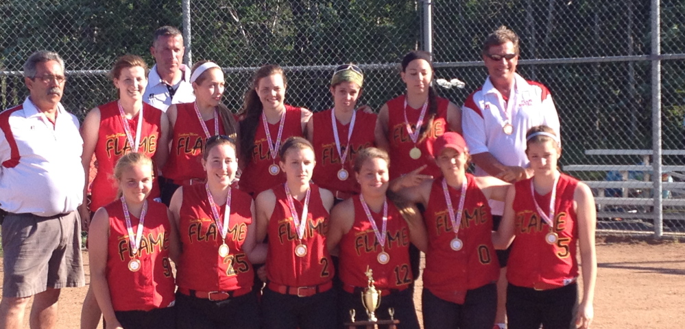 The Southern Maine Flame ASA women’s under-18 softball team won the Southern Maine Diamond Challenge “A” Fastpitch tournament from June 13-15 at Wainwright Sports Complex in South Portland. The Flame defeated the Northeast Hurricanes 9-2 in the championship game. Team members, from left to right: Front – Miranda Eisenhart, Sam Dibiase, Michaela Willwerth, Olivia Indorf, Danica Gleason and Emily Robida; Back – Coach Ralph Aceto, Katie Rabasca, Coach Mike Gleason, Miranda Gleason, Miranda Moore, Carla Tripp, Kristal Smith and Coach Paul Indorf; Missing – Coach Glenn Smith.