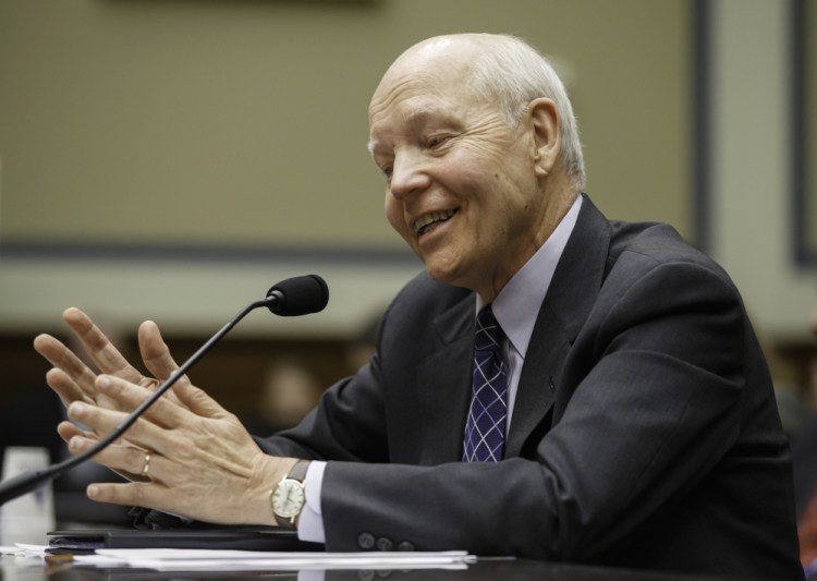 Internal Revenue Service Commissioner John Koskinen testifies under subpoena before the House Oversight Committee as lawmakers continue their probe of whether tea party groups were improperly targeted for increased scrutiny by the IRS, on Capitol Hill in Washington, Monday.
