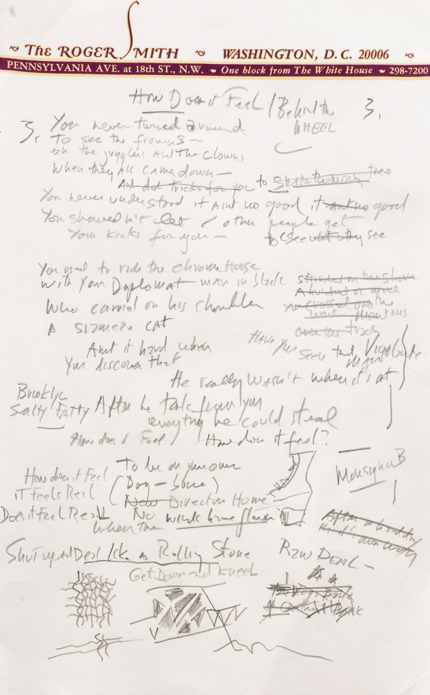 This undated file photo provided by Sotheby’s shows a page from a working draft of Bob Dylan’s “Like a Rolling Stone,” Sotheby’s says it is “the only known surviving draft of the final lyrics for this transformative rock anthem.”