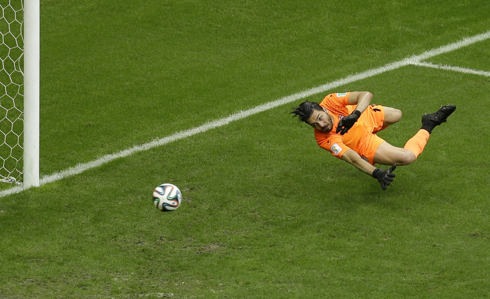 Iran goalie Alireza Haghighi fails to stop a goal by Bosnia defender Avdija Vrsajevic during the second half of a group F World Cup soccer match.