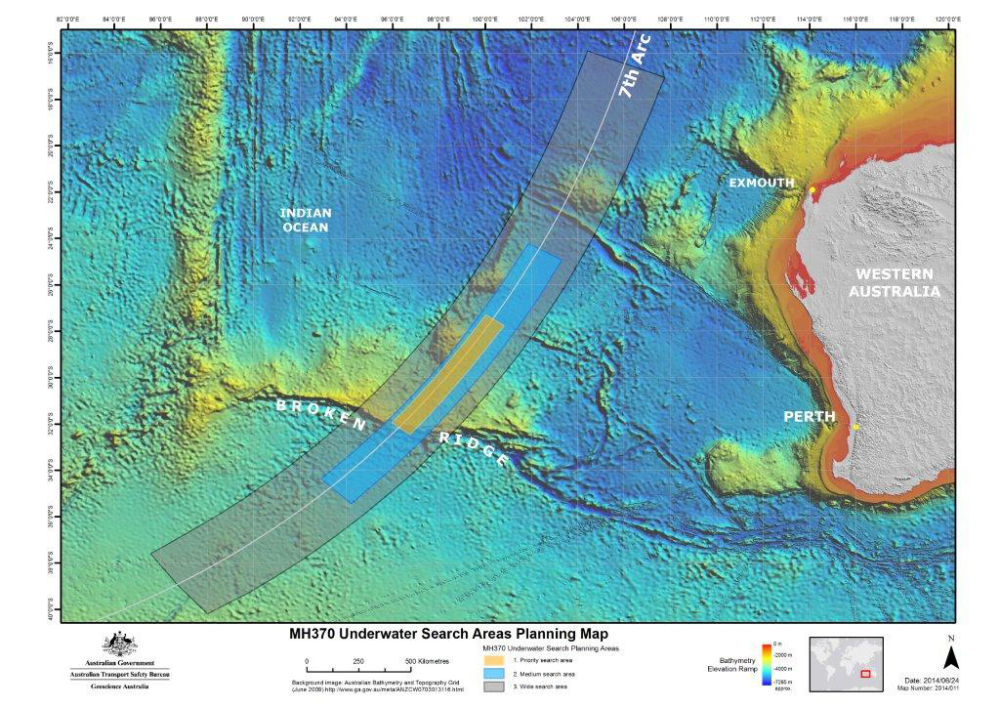 In this map provided on Thursday, June 26, 2014, by the Joint Agency Coordination Centre, details are presented in the search for the missing Malaysia Airlines Flight 370 in the southern Indian Ocean.
AP