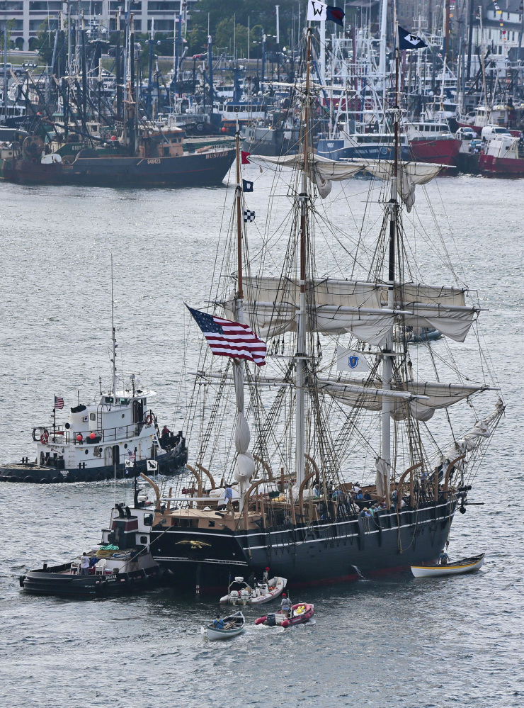 The whaling ship Charles W. Morgan approaches its berth in New Bedford, Mass., on Wednesday. The Charles W. Morgan, the last surviving ship from America’s 19th-century whaling fleet, is undertaking a three-month journey along the southern New England coast.
