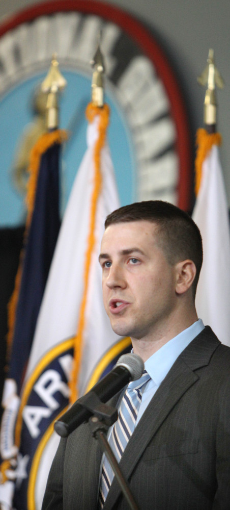 Ryan Pitts of Nashua, N.H., talks Thursday about his service in Afghanistan. Pitts will be awarded the Medal of Honor next month.