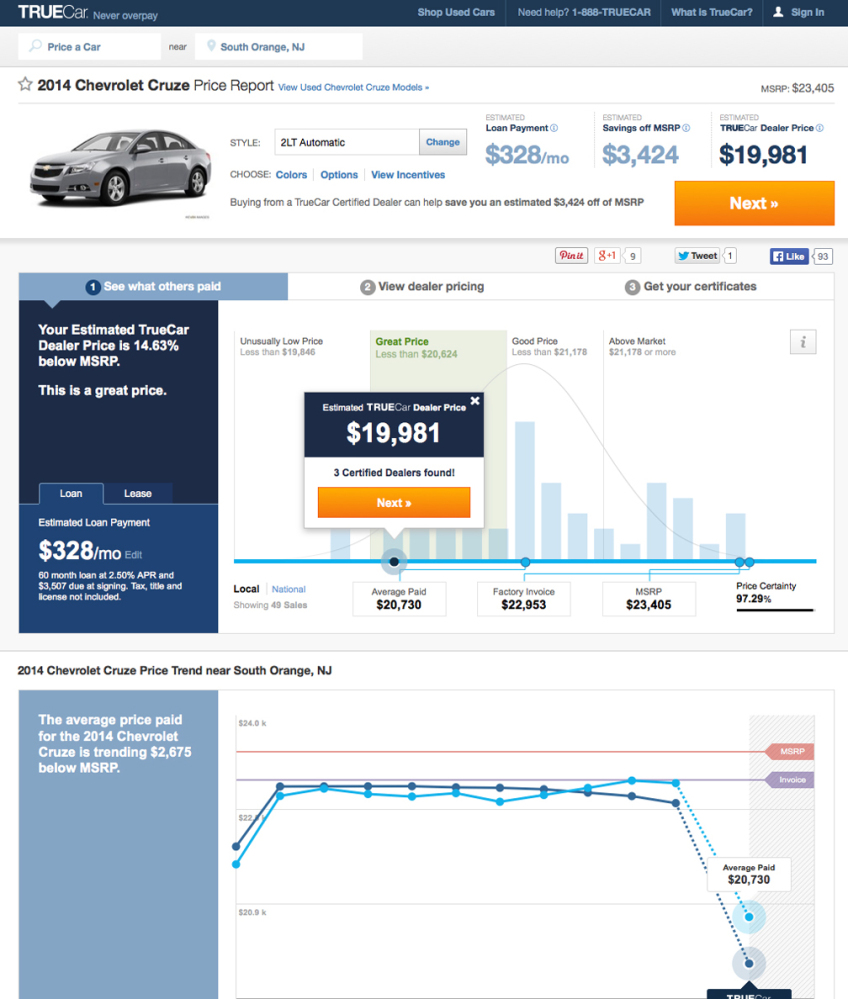 This screen shot shows a TrueCar Price Report for a 2014 Chevrolet Cruze in the South Orange, N.J. area. Auto Web sites _ once filled mostly with reviews and advice _ are getting more sophisticated, connecting potential buyers with dealers and offering instant price guarantees.