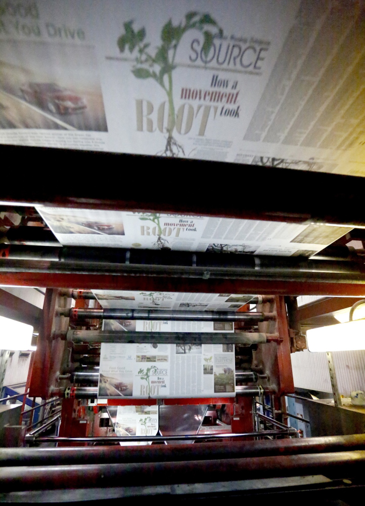 The first installment of Source rolls off the presses on April 3 at the Maine Sunday Telegram’s printing plant in South Portland. The new section is one of many changes that are underway with the business.