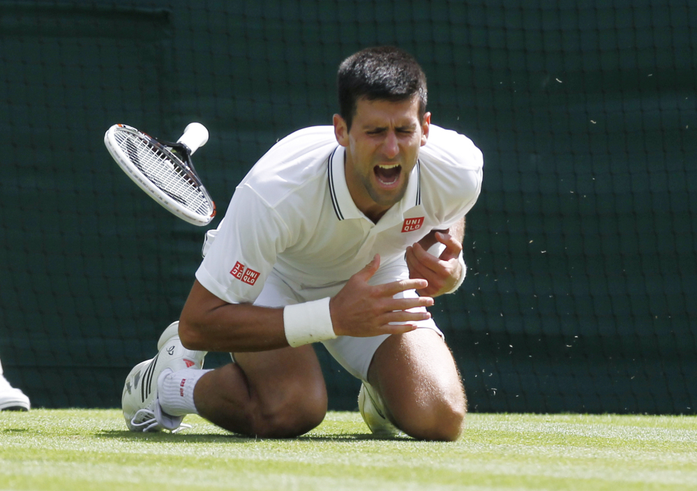 Novak Djokovic goes down in the third set, but a sore shoulder wasn’t enough to keep the men’s No. 1 seed from convincingly beating Gilles Simon on Friday in the third round at Wimbledon. Djokovic won 6-4, 6-2, 6-4 and will face Jo-Wilfried Tsonga on Monday.