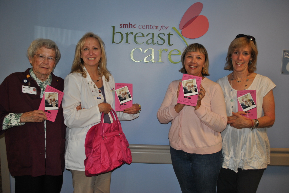 Project Pink donated 100 copies of the late Ann Murray Paige’s book “Pink Tips” to Southern Maine Health Care’s Center for Breast Care. The books will be given to newly diagnosed patients. From left are SMHC volunteer Joan Junker, SMHC nurse navigator Helene Langley, Project Pink co-founder Leslie Roberts and Ellen Murray, sister of Ann Murray Paige. Photo courtesy Leslie Roberts 