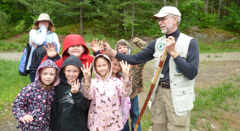 Students from Great Salt Bay Community School in Damariscotta enjoy a field trip with Hidden Valley Nature Center volunteer educator Chuck Dinsmore, far right. The center recently received a $10,500 grant to continue offering nature education initiatives with students at the Great Bay School as well as Whitefield Elementary School.