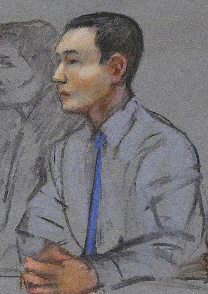 A May 13, 2014, courtroom sketch of defendant Azamat Tazhayakov, a college friend of Boston Marathon bombing suspect Dzhokhar Tsarnaev. Tazhayakov, of Kazakhstan, is accused with another friend of removing items from Tsarnaev’s dorm room, but is not charged with participating in the bombing or knowing about it in advance.