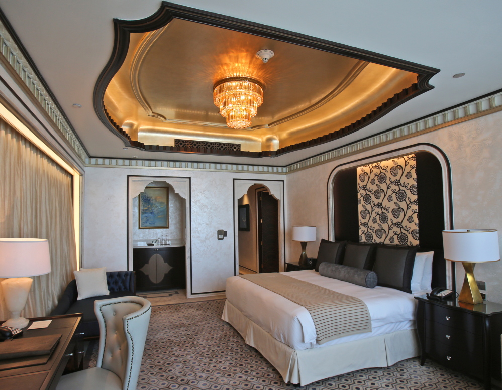 One of the three bedrooms in the Abu Dhabi Suite at the St. Regis in Abu Dhabi, United Arab Emirates. The nearly 24,000-square-foot two-story suite, with a nightly rate of $21,500, is suspended 720 feet above ground between the two buildings of the Nation Towers development. Photos by The Associated Press