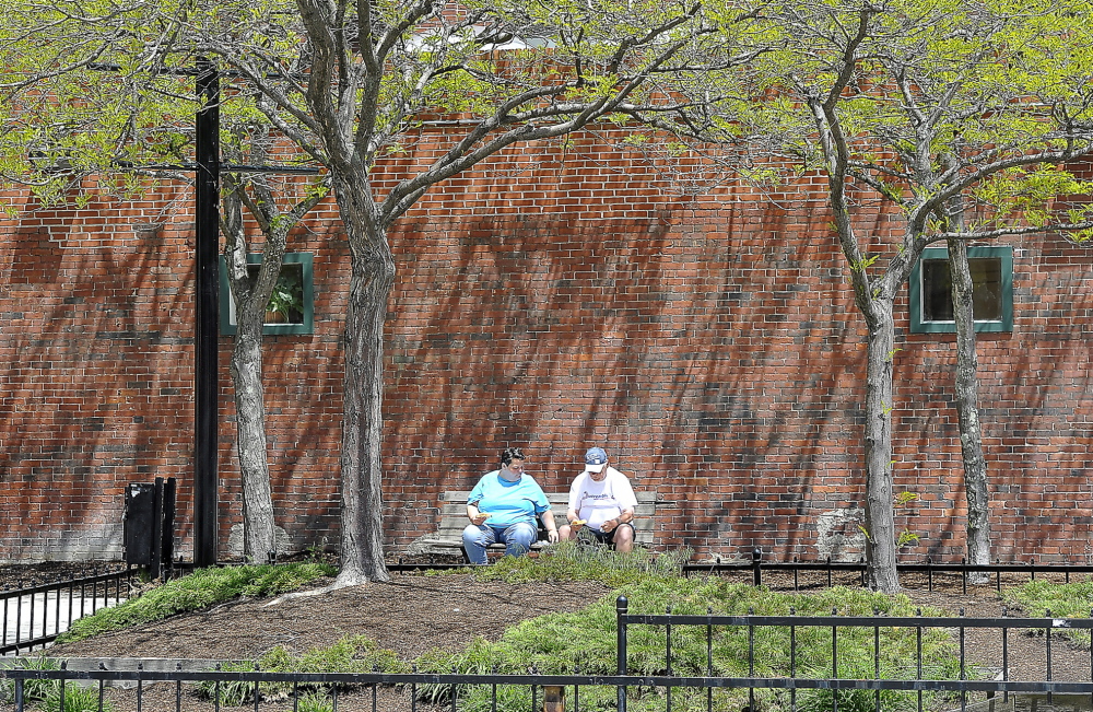 Deborah Lowell and Darren Welch enjoy a peaceful lunch together in a quiet part of the plaza. Welch, a longtime park user who lives nearby, said, âThey should keep it like this. Since the (food) truck began coming here itâs been quiet.â Photos by Gordon Chibroski/Staff Photographer