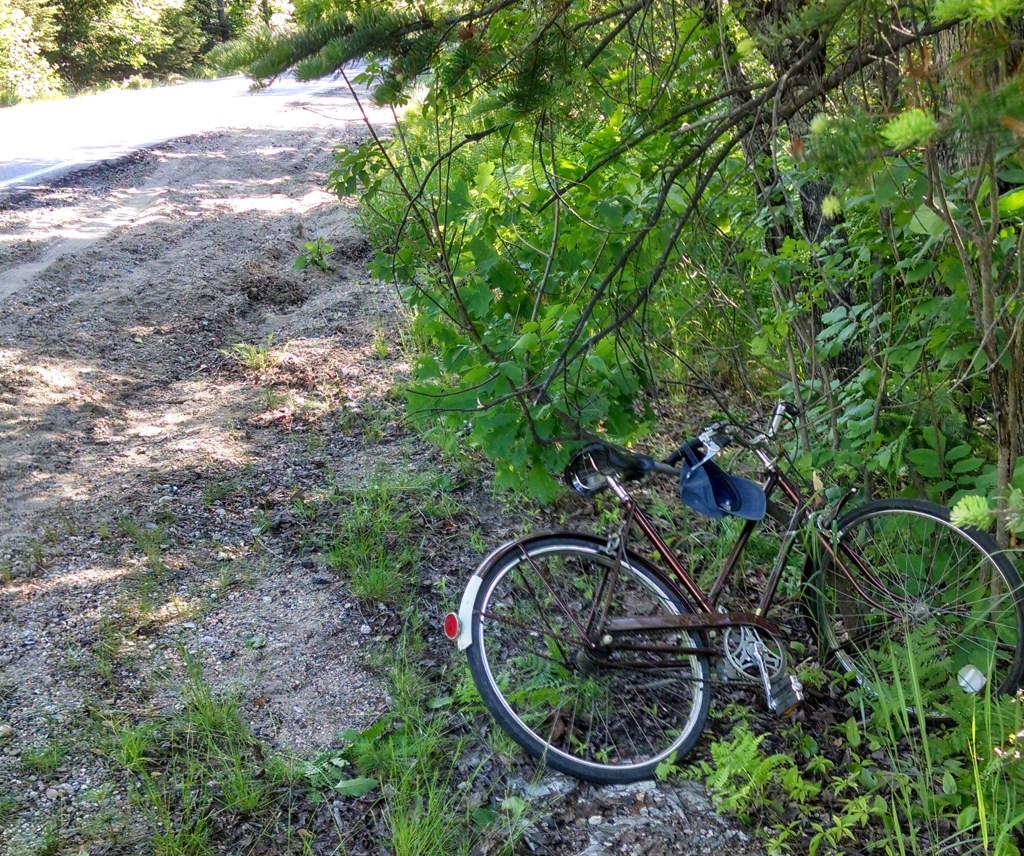 The bicycle of Bradford Lanoue of Denmark lies off Route 302 after he crashed in Fryeburg on Friday.