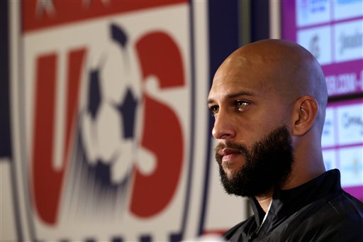U.S. goalkeeper Tim Howard talks to reporters before a training session in Sao Paulo, Brazil, on Saturday. The U.S. will play Belgium on Tuesday in the round 16 of the 2014 soccer World Cup. The Associated Press