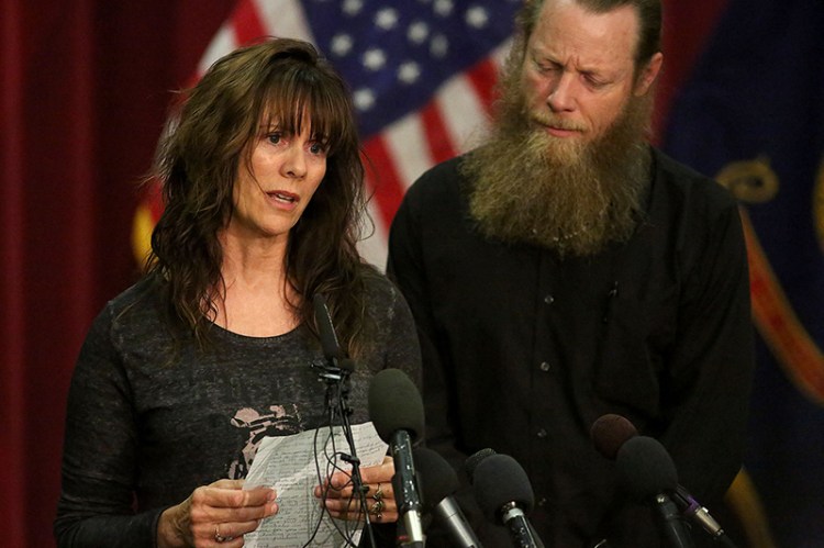 Jani and Bob Bergdahl, the parents of U.S. Army Sgt. Bowe Bergdahl, speak during a press conference at Gowen Field on Sunday, in Boise, Idaho. The Associated Press