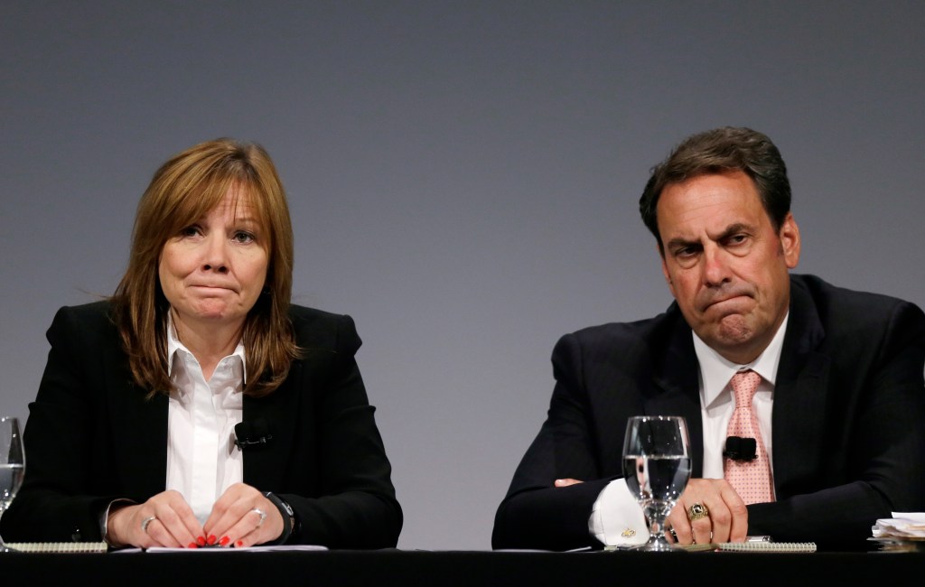 General Motors CEO Mary Barra and Executive Vice President Mark Reuss hold a news conference n Warren, Mich., Thursday. 
The Associated Press