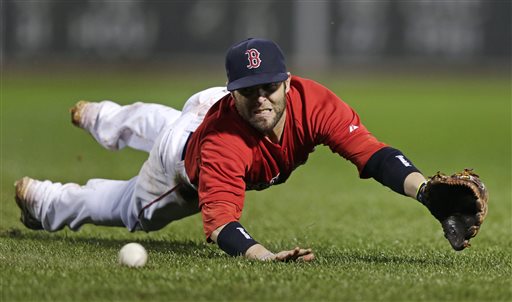 Red Sox second baseman Dustin Pedroia dives to make the play on a ground out by Cleveland Indians' Lonnie Chisenhall in the sixth inning at Fenway Park in Boston on Friday. The Associated Press