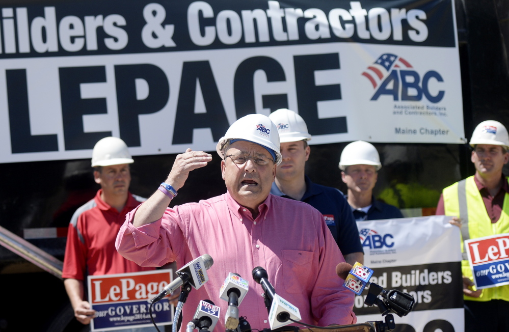 Patrick Ouellette/Staff Photographer Gov. Paul LePage speaks at a Storey Brothers Excavating site in Gray on Tuesday.
