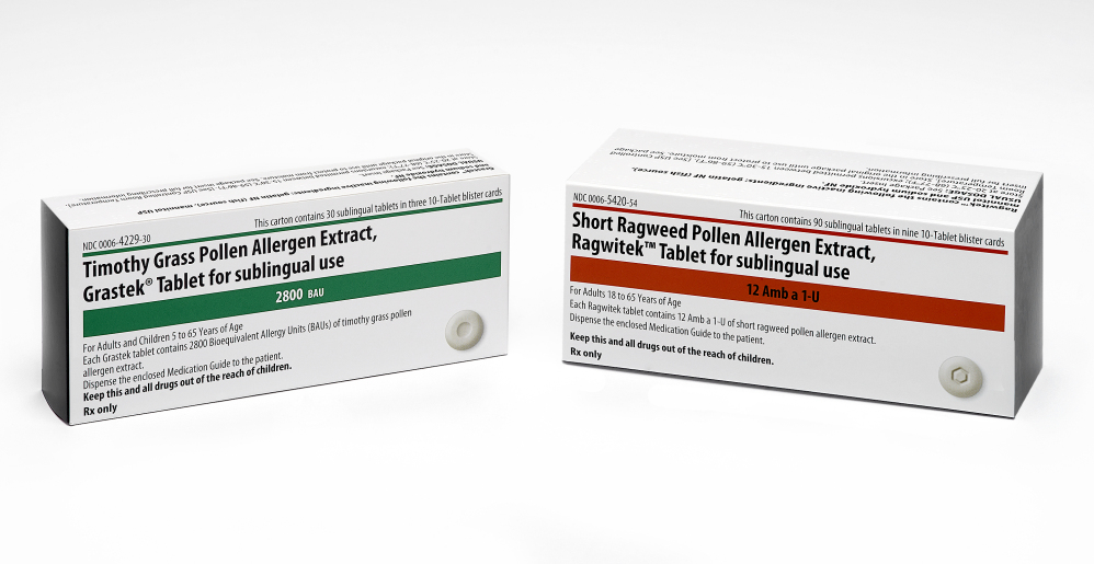 This product image provided by Merck shows the packaging for newly FDA-approved allergy medications Grastek, left, and Ragwitek. Grastek is used in the treatment of diagnosed Timothy grass pollen induced allergic rhinitis, with or without conjunctivitis, in adults and children 5 years of age and older. Ragwitek is indicated as immunotherapy for diagnosed ragweed pollen induced allergic rhinitis, with or without conjunctivitis, in adults 18 years of age and older. The Associated Press