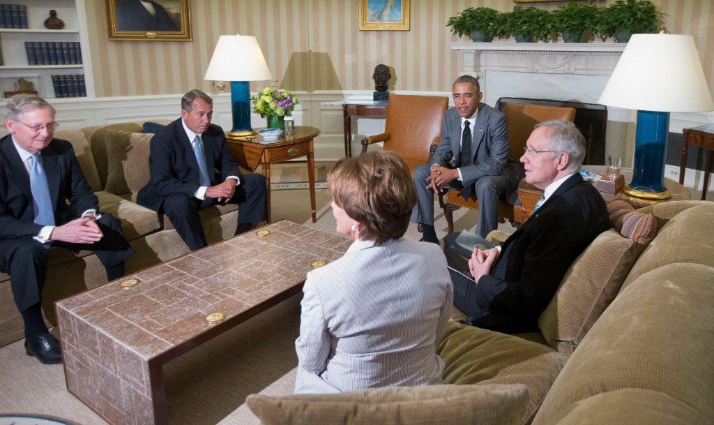 President Barack Obama meets with, from left, Senate Minority Leader Mitch McConnell of Kentucky, House Speaker John Boehner of Ohio, House Minority Leader Nancy Pelosi of California, and Senate Majority Leader Harry Reid of Nevada in the Oval Office of the White House Wednesday. Obama briefed leaders of Congress on U.S. options for blunting an Islamic insurgency in Iraq.