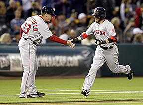 Red Sox second baseman Dustin Pedroia, right, is congratulated by third base coach Brian Butterfield after hitting a two-run home run off Oakland's Scott Kazmir in the sixth inning Thursday in Oakland, Calif. The Associated Press