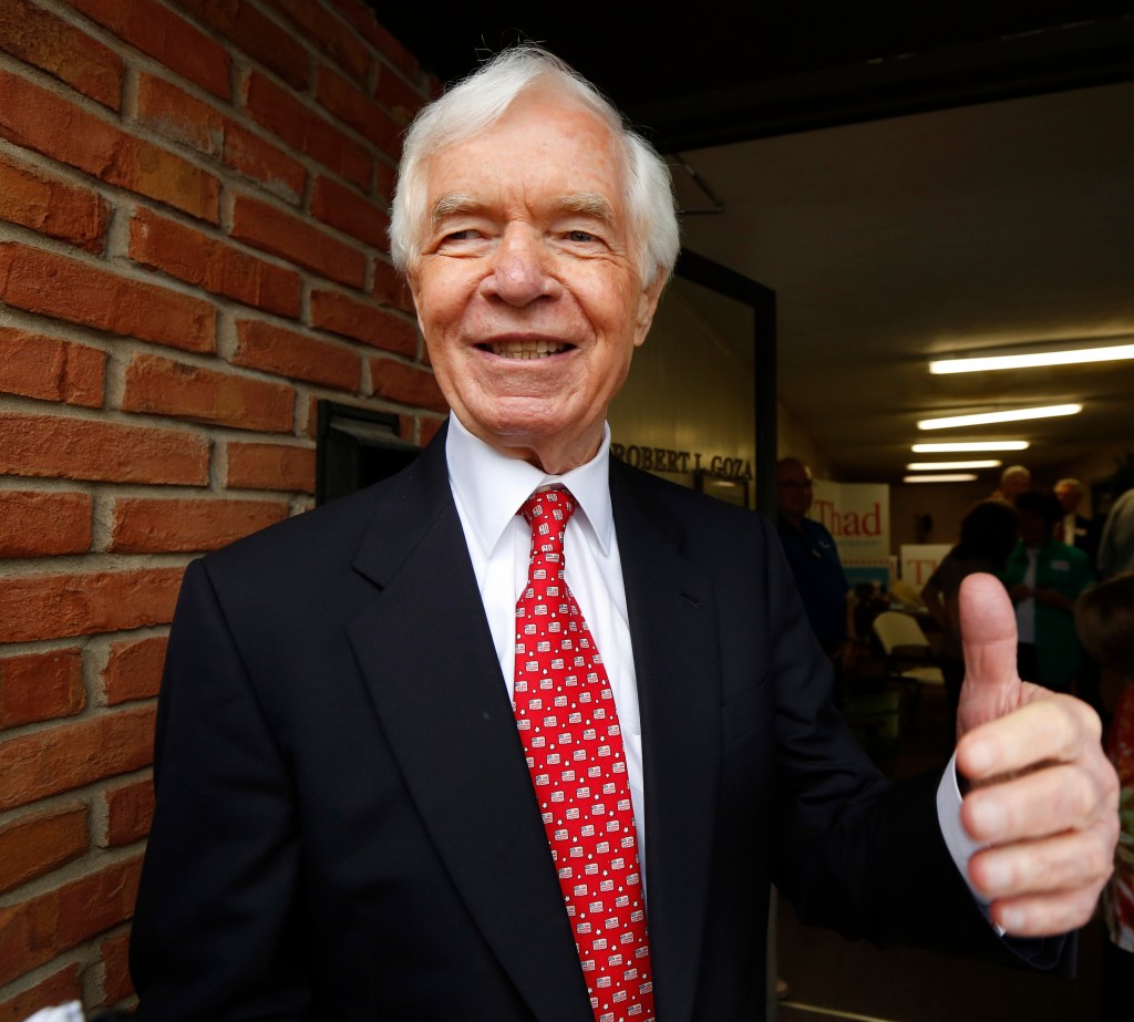 U.S. Sen. Thad Cochran, R-Miss., greets supporters and volunteers  at his Canton, Miss., headquarters, Tuesday, June 24, 2014. Cochran is in the Republican primary runoff election against state Sen. Chris McDaniel on Tuesday.